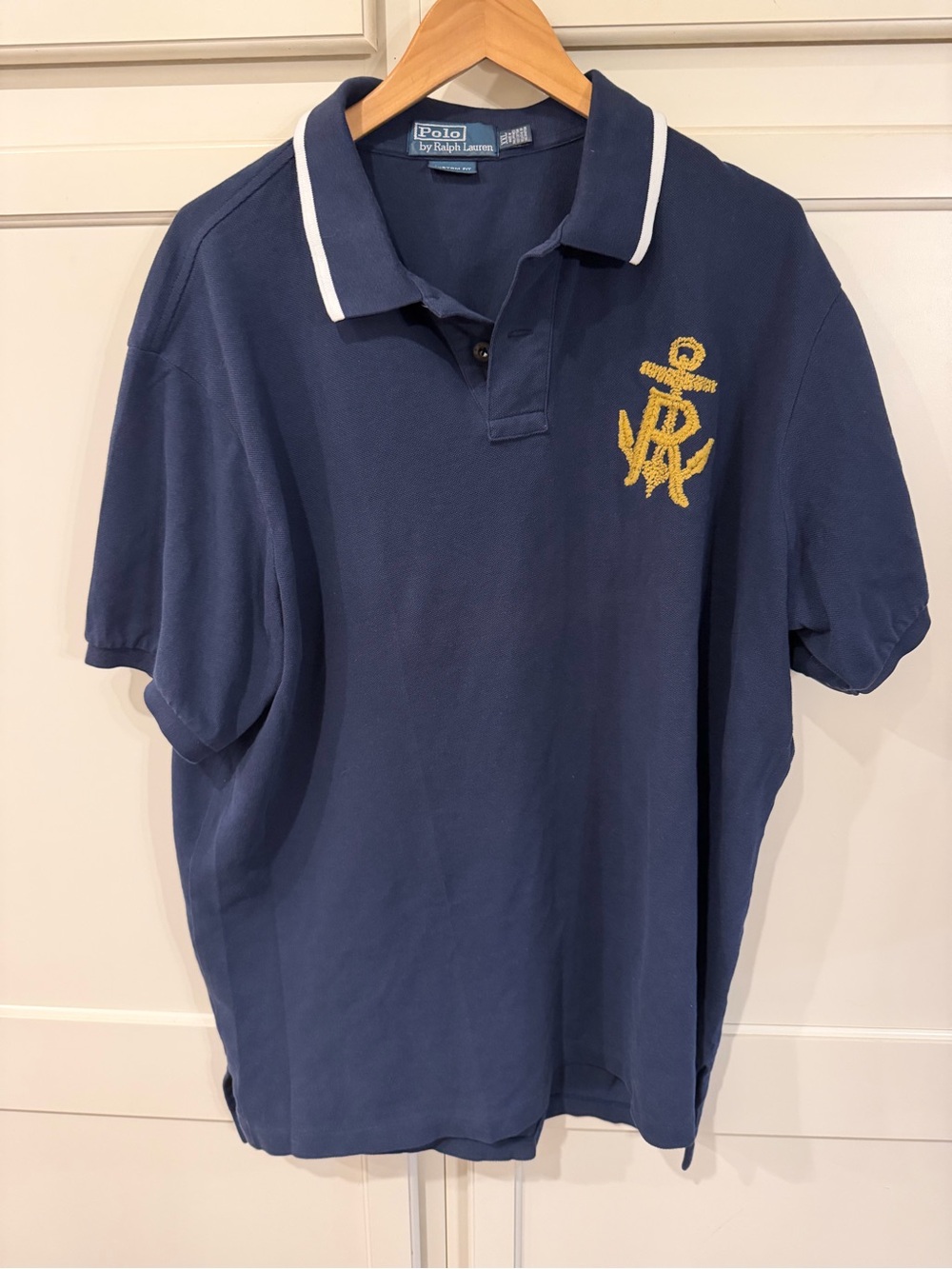 Polo by Ralph Lauren Navy Polo with Gold Anchor Monogram and White-Trim Collar